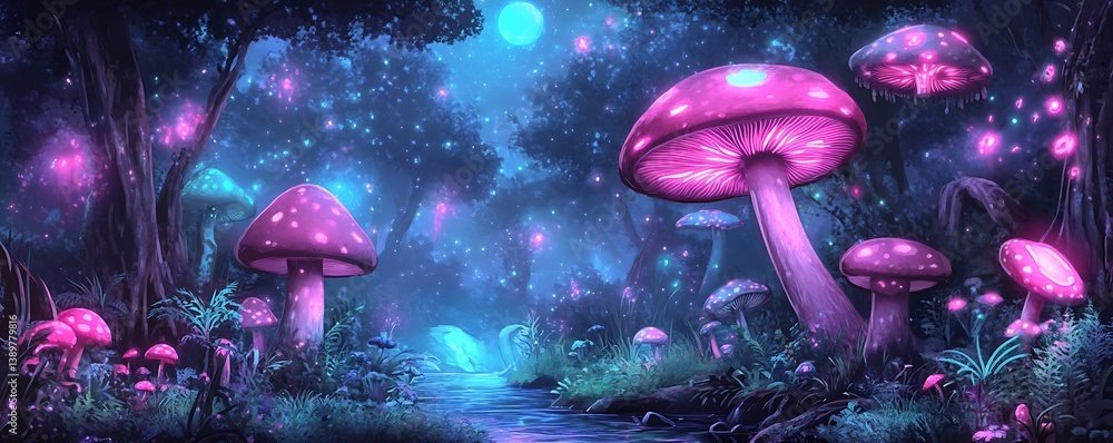 A Glowing Forest Filled With Enchanting Mushrooms and Magical Lights