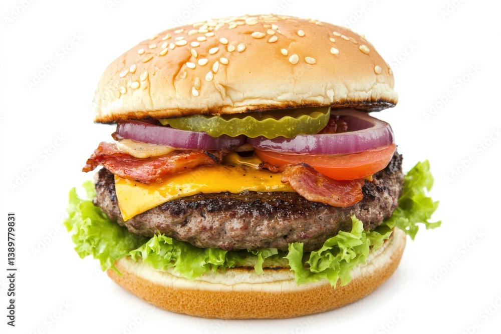 Juicy bacon cheeseburger with sesame bun crisp lettuce melted cheese juicy patty red onion pickles Juicy bacon cheeseburger with sesame bun crisp lettuce melted cheese juicy patty red onion pickles