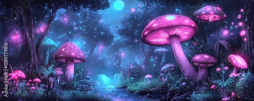 Obraz na płótnie A Glowing Forest Filled With Enchanting Mushrooms and Magical Lights w salonie