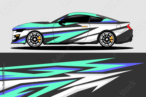 Sleek sports car with vibrant graphic design showcased on a minimalist backdrop, highlighting speed