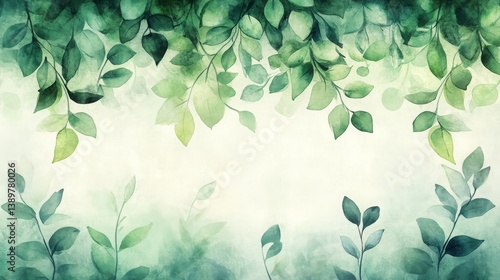 Botanical watercolor background featuring various green leaves framing space for text