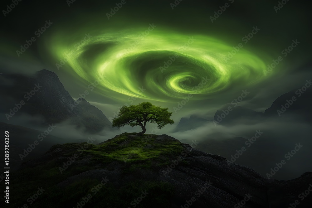 A lone tree stands under a dramatic swirling green sky above mountains