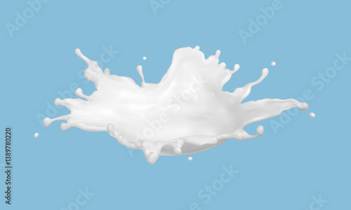 Milk splash isolated on blue background. Natural dairy product, yogurt or cream splash with flying drops. Realistic Vector illustration