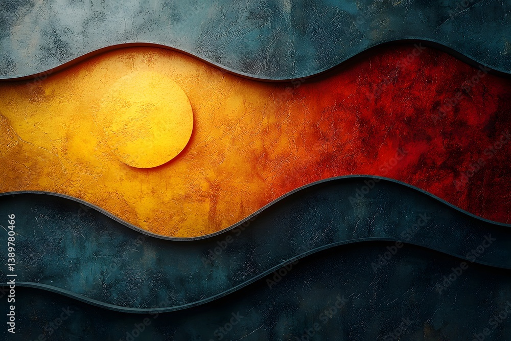 A painting of a sun and waves with a red and yellow background. The painting has a warm and calming mood, with the sun representing hope and the waves representing the ebb and flow of life A painting of a sun and waves with a red and yellow background. The painting has a warm and calming mood, with the sun representing hope and the waves representing the ebb and flow of life