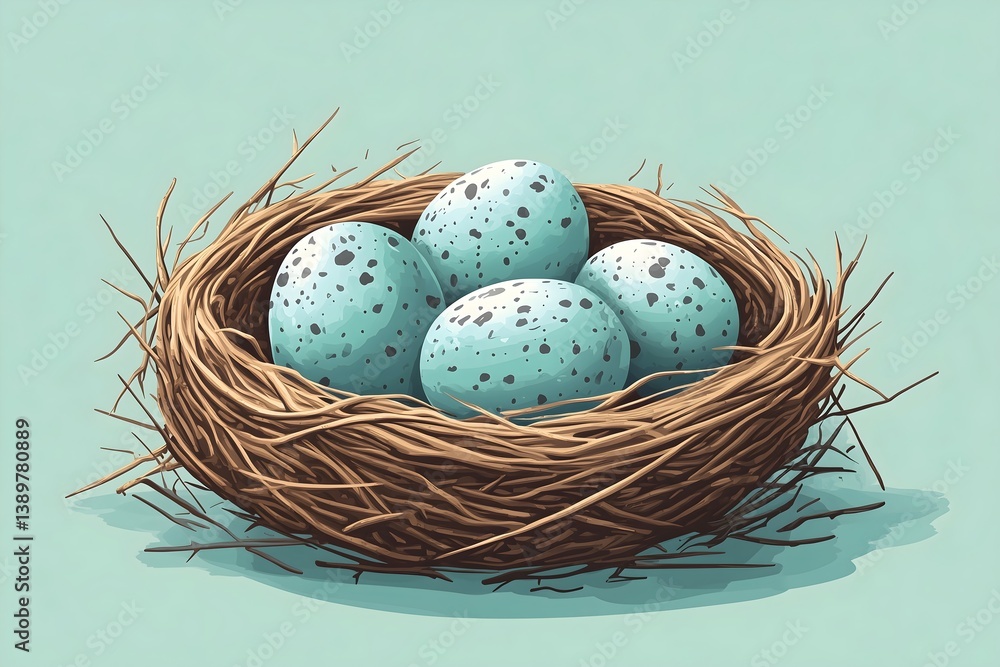 Vector art depicting a detailed bird nest containing four speckled blue eggs resting on a soft surface Vector art depicting a detailed bird nest containing four speckled blue eggs resting on a soft surface
