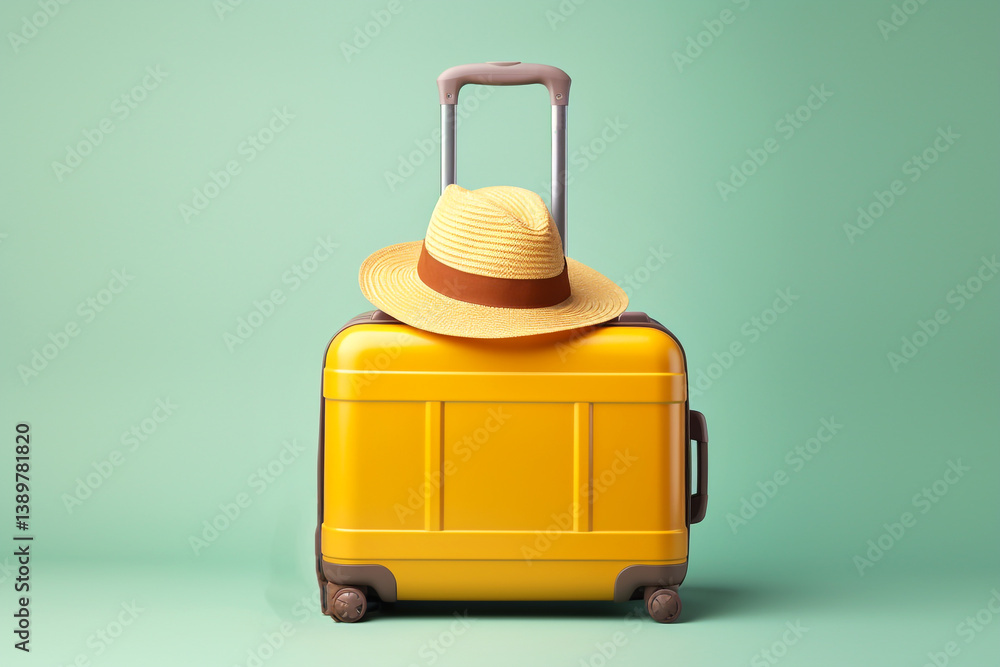 A vibrant yellow suitcase paired with a stylish hat, set against a fresh green background. perfect for promoting vacations, business trips, or journeys
