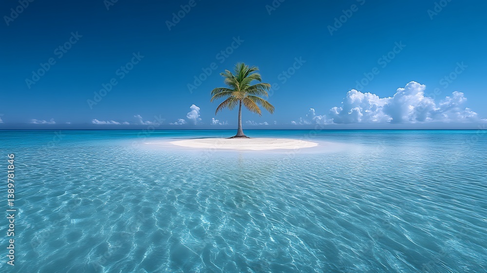 A single palm tree stands alone on a sandy island in the ocean
