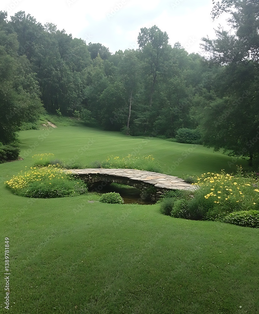 A picturesque stone bridge crosses a small stream in the verdant landscape