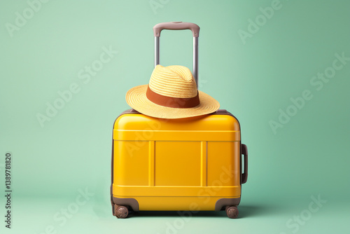 Obraz na płótnie A vibrant yellow suitcase paired with a stylish hat, set against a fresh green background. perfect for promoting vacations, business trips, or journeys w salonie