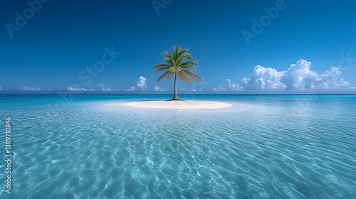Obraz na płótnie A single palm tree stands alone on a sandy island in the ocean w salonie