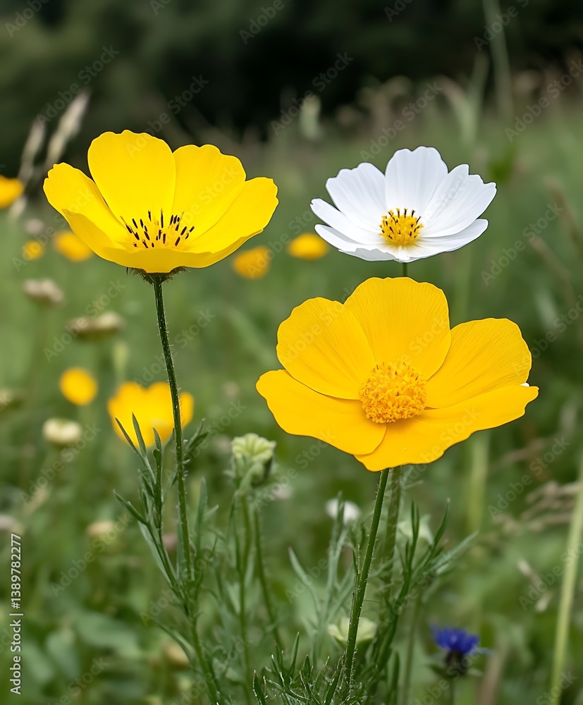 Bright yellow and white flowers blooming in a natural green field