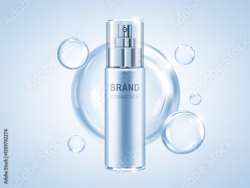 Beauty cosmetic product with transparent liquid bubbles. Cosmetic bottle with drops. Concept skin care cosmetic solution. Realistic vector