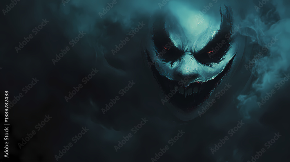 Naklejka premium The ghostly mask, with its hollow eyes and unsettling grin, glows eerily in the dim light, surrounded by thick, creeping fog, adding to the ominous atmosphere. Hollow Fragment. Illustration
