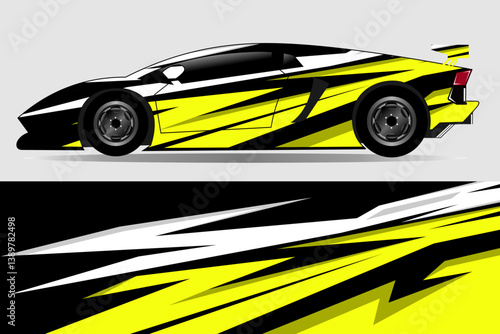 Sleek yellow and black sports car with dynamic graphics parked against a minimalist backdrop