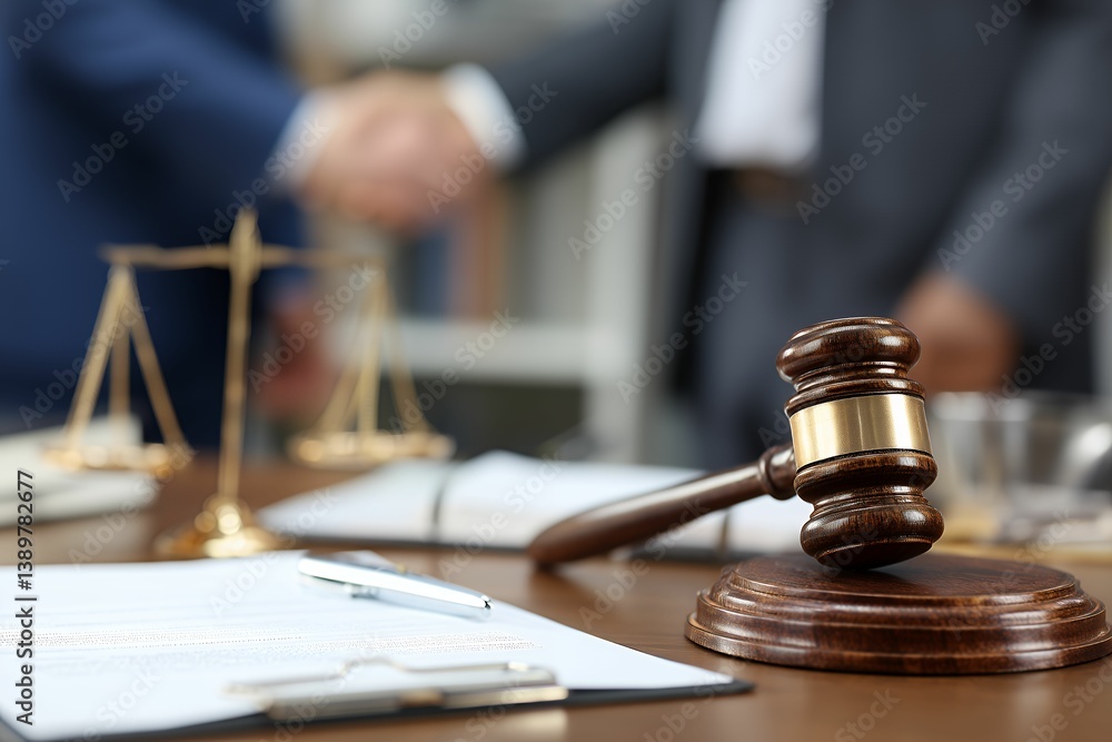 Close-up of a judge's gavel on a wooden table with legal documents and scales of justice in the background, blurred image of lawyers shaking hands, concept for law firm, legal services, justice Close-up of a judge's gavel on a wooden table with legal documents and scales of justice in the background, blurred image of lawyers shaking hands, concept for law firm, legal services, justice