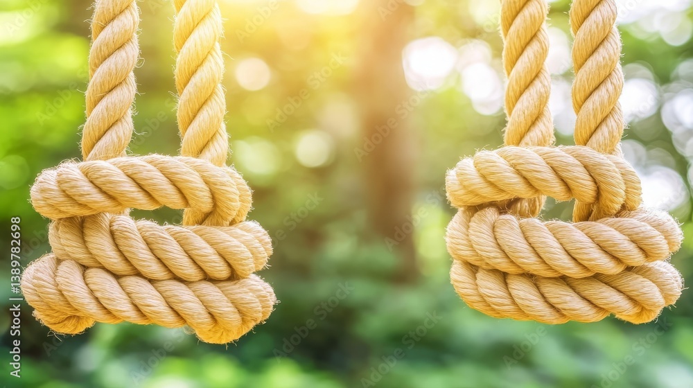 Two Thick Natural Ropes Knotted Outdoors in Sunlight Perfect for Climbing or Play Two Thick Natural Ropes Knotted Outdoors in Sunlight Perfect for Climbing or Play