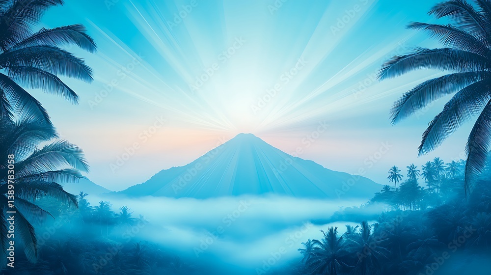 Mountain landscape with rays of light among the tropical plants