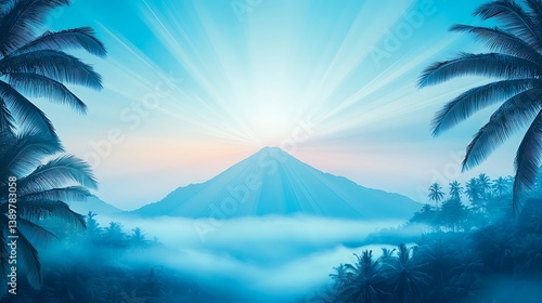 Obraz na płótnie Mountain landscape with rays of light among the tropical plants w salonie
