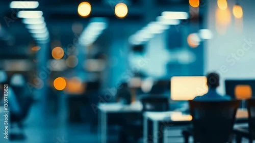 An abstract view of a vibrant office setting with multiple workers. The warm lighting adds depth, suggesting a busy yet cozy atmosphere. The scene blends technology and human presence.