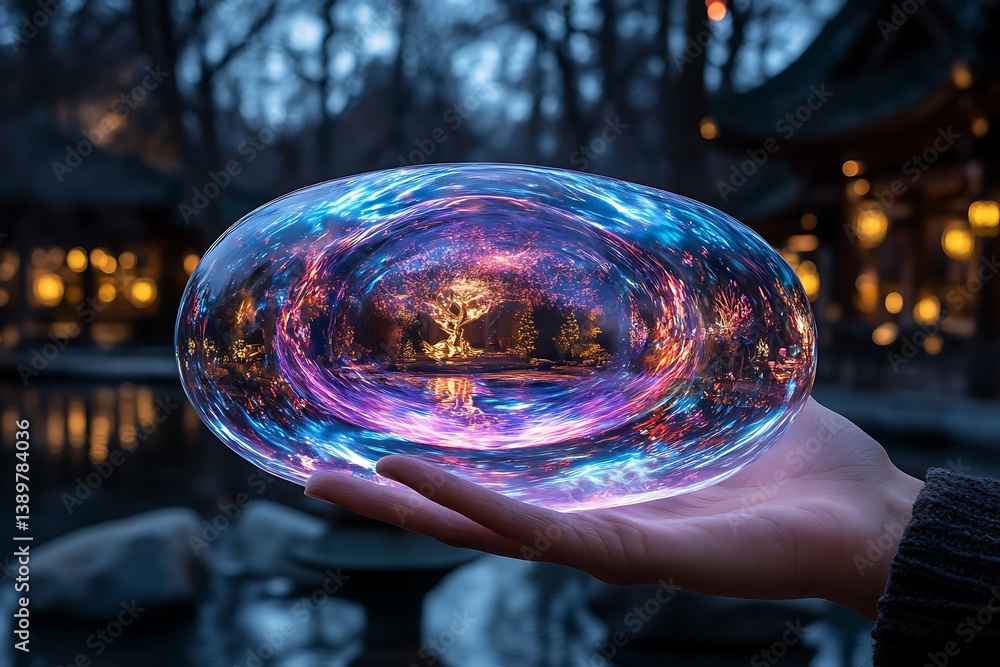 A Glowing Orb Containing a Mystical Landscape on a Palm