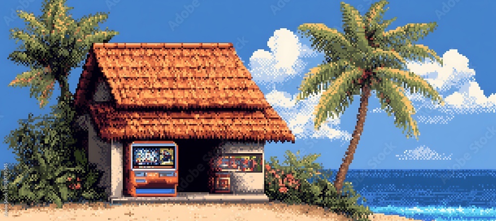 A pixelated beach scene featuring a small building and palm trees