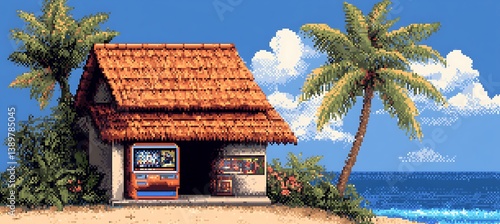 Obraz na płótnie A pixelated beach scene featuring a small building and palm trees w salonie