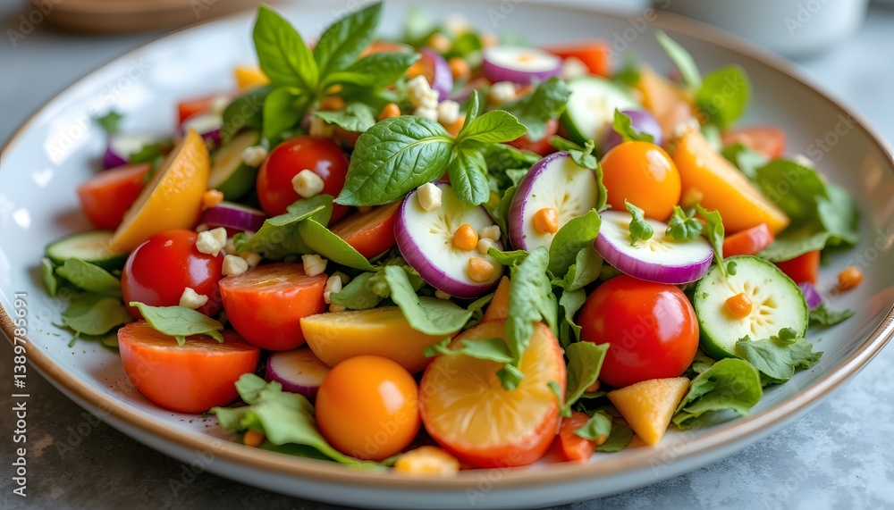 The vibrant multi colored salad is a refreshing medley of crisp, organically grown vegetables that burst with freshness, providing a feast for the senses with each vibrant bite.