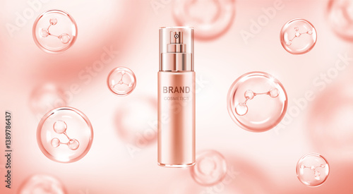 Beauty cosmetic product with molecules. Cosmetic bottle with molecules or atoms. Concept skin care cosmetic solution. Realistic vector_2