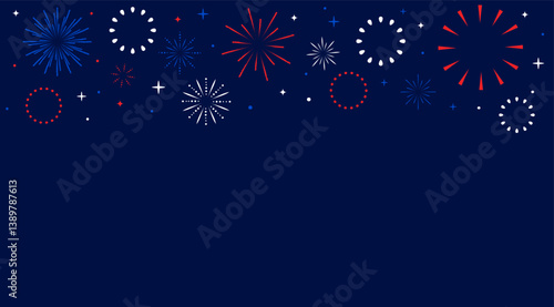 4th of July Happy Independence day Banner. Template with text and fireworks on dark blue Background for Banner, Card. Vector illustration.