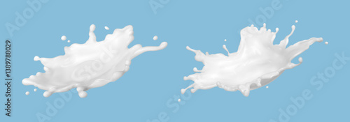 Milk splashes isolated on blue background. Natural dairy product, yogurt or cream splash with flying drops. Realistic vector illustration