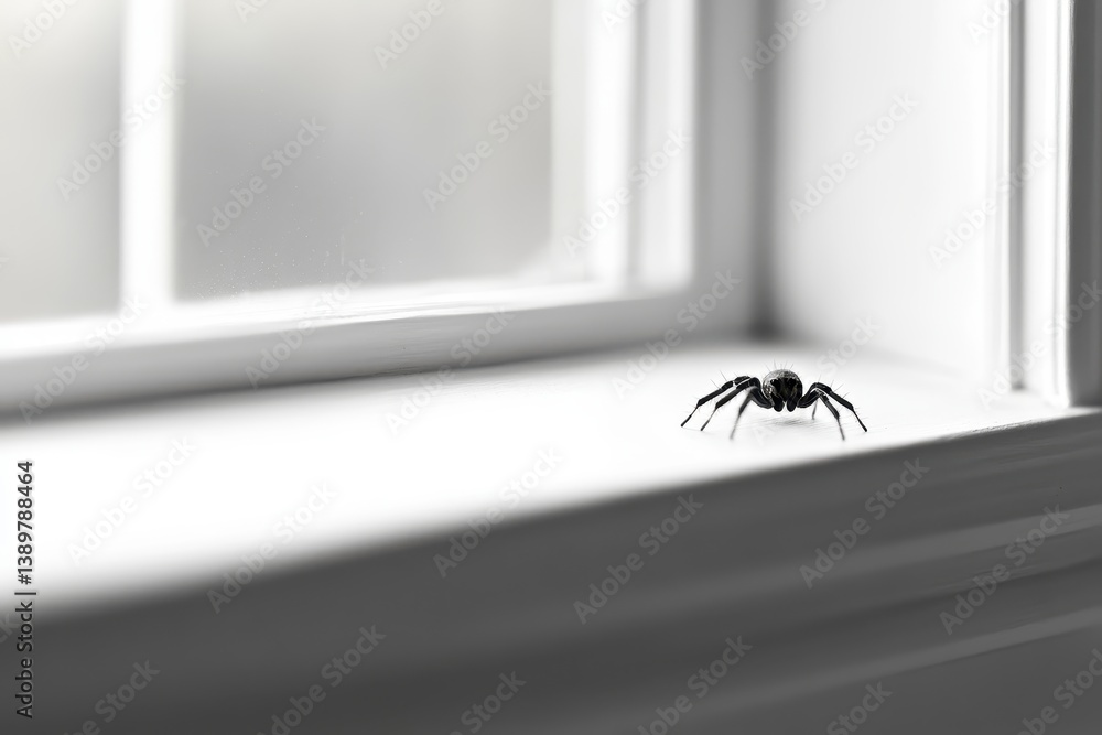 Spider on a white window sill, creating a stark contrast. Spider on a white window sill, creating a stark contrast.