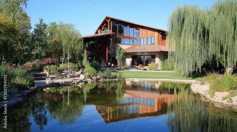 Fototapeta premium Country retreat with a pond in front, willow trees, and reflections in the water