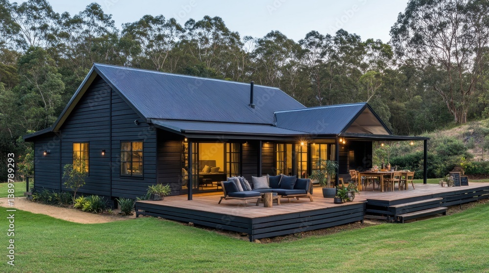 Dark-stained timber cabin with warm golden light spilling from inside during blue hour Dark-stained timber cabin with warm golden light spilling from inside during blue hour