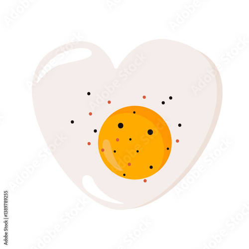 Fried egg. Cartoon cooked egg with yellow yolk and albumen chicken protein heart shaped, delicious appetizing breakfast meal with eggs, healthy morning food. Vector isolated illustration