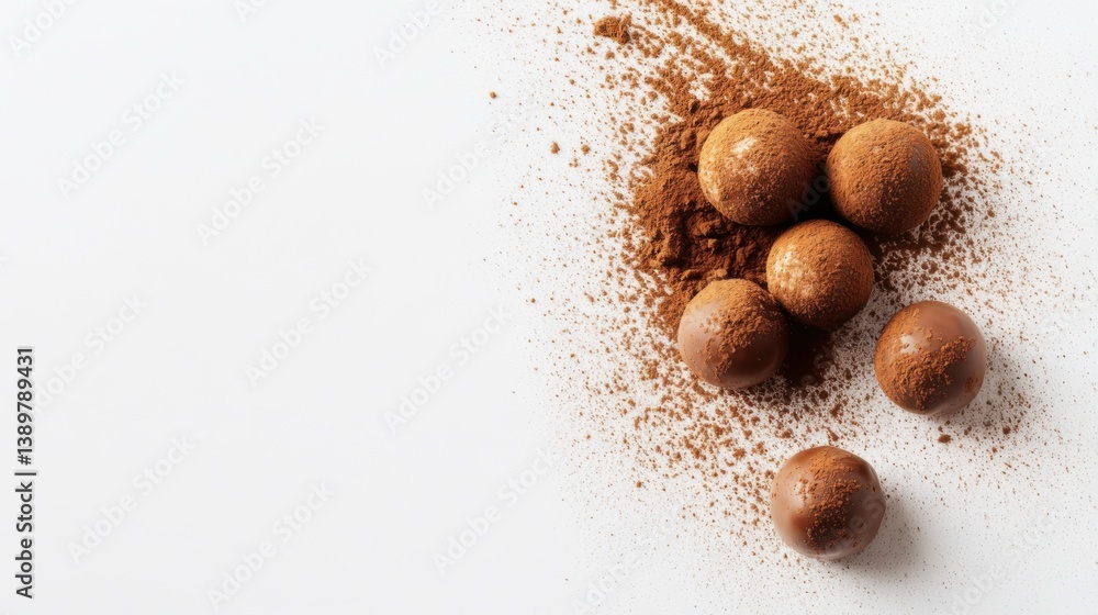 Delicious chocolate truffles dusted with cocoa powder on a white surface ready to enjoy Delicious chocolate truffles dusted with cocoa powder on a white surface ready to enjoy