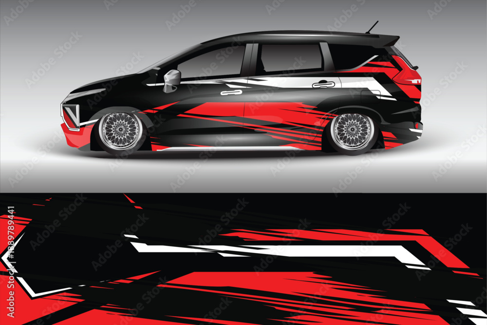 Stylish black and red modified car showcasing sleek design and artistic graphics in an urban setting Stylish black and red modified car showcasing sleek design and artistic graphics in an urban setting
