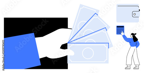 Hand holding cash, wallet icon, calculator, and person working to calculate expenses. Ideal for budgeting, expense tracking, personal finance, savings, money management payment processes economic