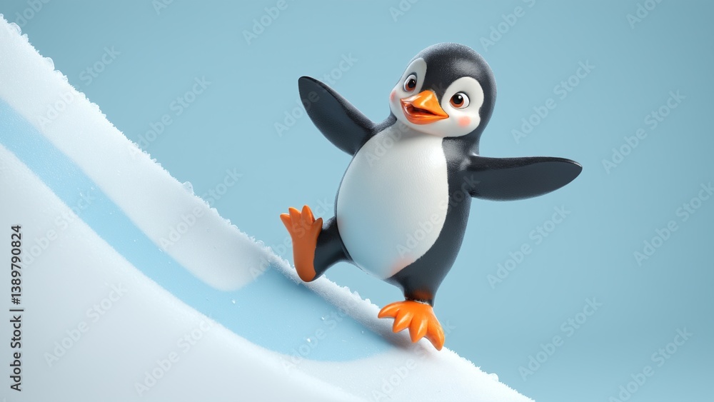 Fototapeta premium Adorable Cartoon Penguin Sliding Down a Snowy Hill on a Bright Winter Day