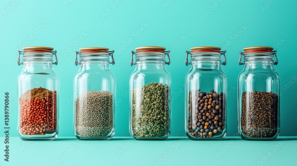 Elegant glass jars with airtight lids, filled with grains and spices, set on a turquoise background Elegant glass jars with airtight lids, filled with grains and spices, set on a turquoise background