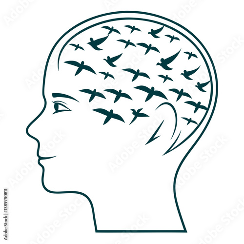 Flying birds inside human head outline, creative mind concept