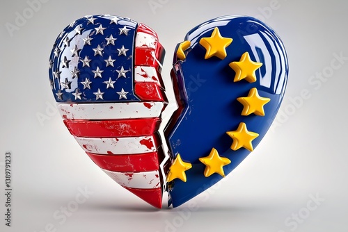 Cracked heart with stylized USA and EU flags. Broken heart is symbol of political and economic disagreements and strained relations between United States and European Union