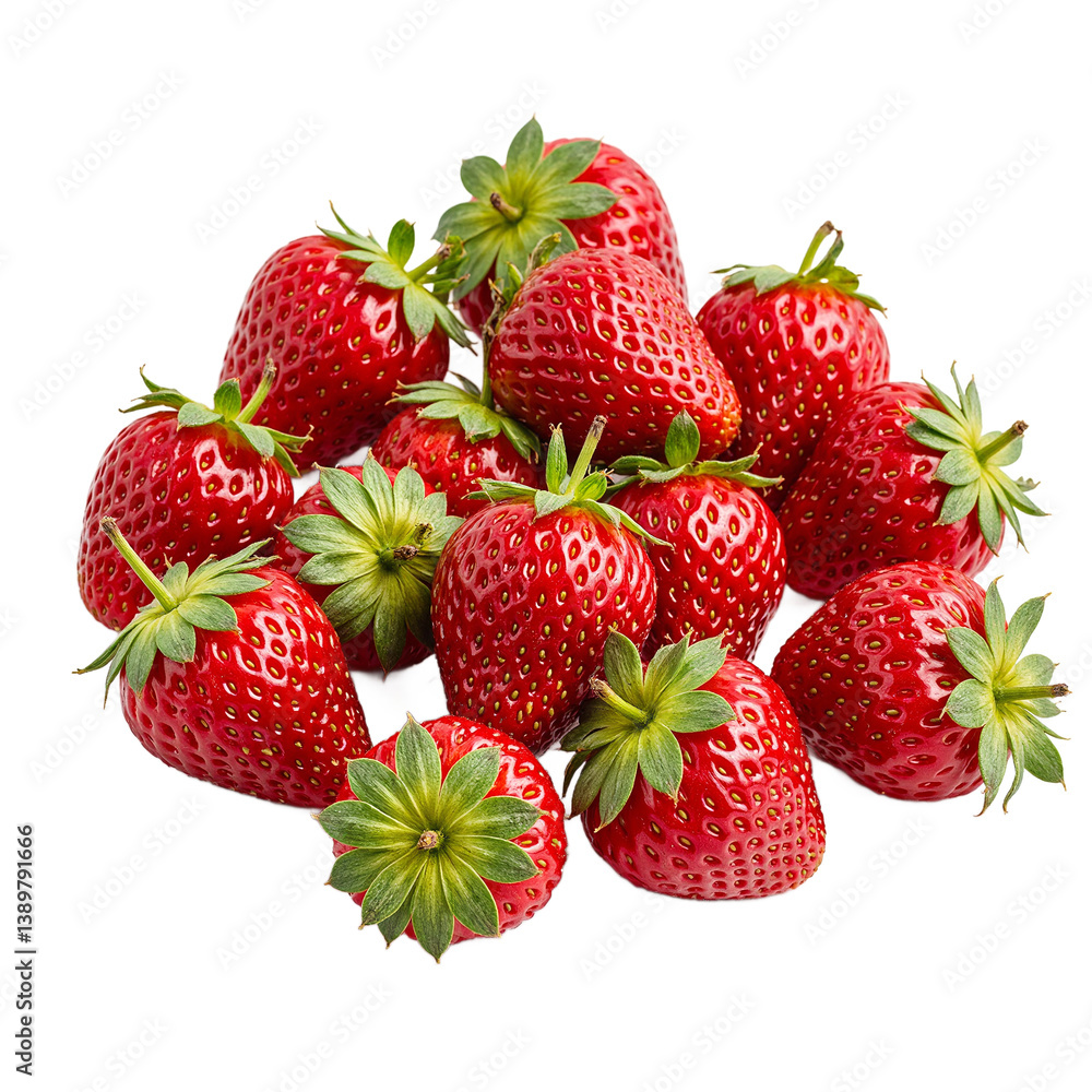 Fresh ripe strawberries with vibrant red hues and green tops tightly bunched on a clean white background Fresh ripe strawberries with vibrant red hues and green tops tightly bunched on a clean white background