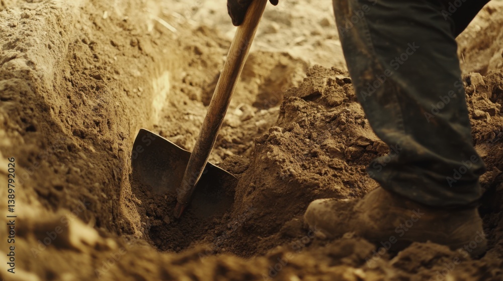 A construction worker digging a trench with a shovel. Featuring hard work and precision A construction worker digging a trench with a shovel. Featuring hard work and precision