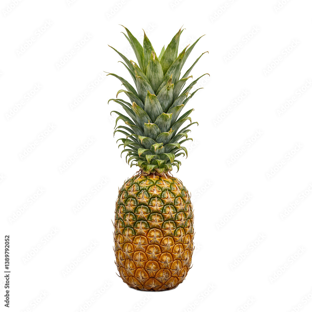 Juicy pineapple with vibrant green crown ripe golden skin positioned elegantly on a white background Juicy pineapple with vibrant green crown ripe golden skin positioned elegantly on a white background
