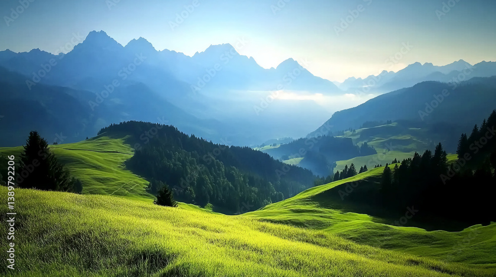 Fototapeta premium Verdant mountains, lush grass, dawn light, serene and distant