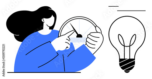Female figure adjusting a gauge needle, suggesting balance or measurement, beside a glowing light bulb. Ideal for innovation, progress, energy, evaluation, creativity productivity ideas. Flat