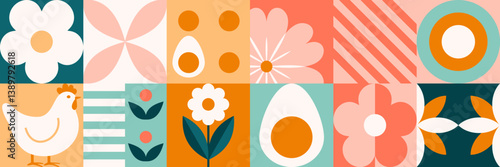 Wesoły baner wielkanocny, plakat poziomy, okładka świąteczna lub szablon projektu internetowego z wiosennych kwiatów, jajek i wielkanocnego króliczka. Modny i uroczy styl wektorowy