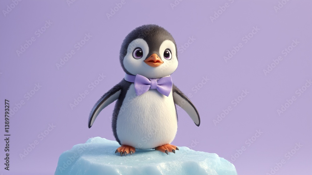 Naklejka premium Cute Cartoon Penguin with Bow Tie Standing on Ice in Soft Purple Background