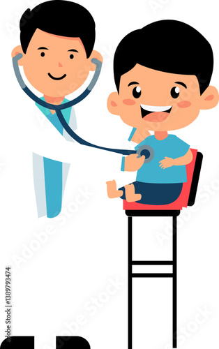 Cartoon doctor examining a happy young boy with a stethoscope.
