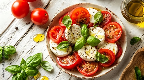 Italian caprese salad with mozzarella, tomatoes, basil and olive oil on wooden table